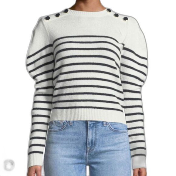 Joie Ruthine Sweater, Breton Stripes, Puff Sleeves, Buttons, Crew Neck, Sz M - Picture 2 of 11